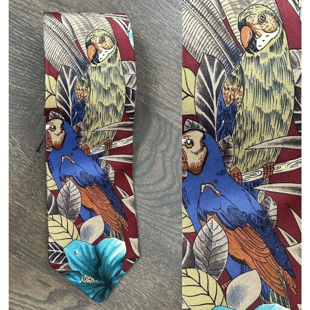 LNWOT Vintage Gaede's Exotic Parrot Hawaiian Thick Satin‎ Silk Tie handmade 58"L